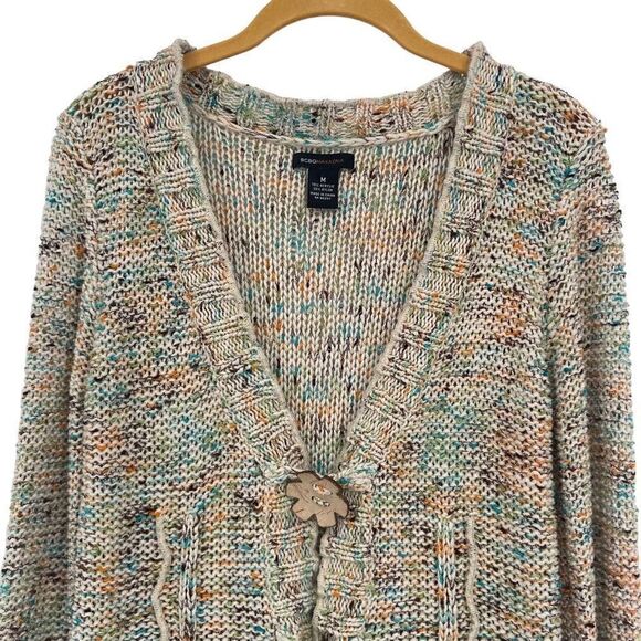 BCBGMAXAZRIA Y2K Floral Daisy Button Ruffle Hem Knit Cardigan Sweater Tan Medium - Picture 3 of 7